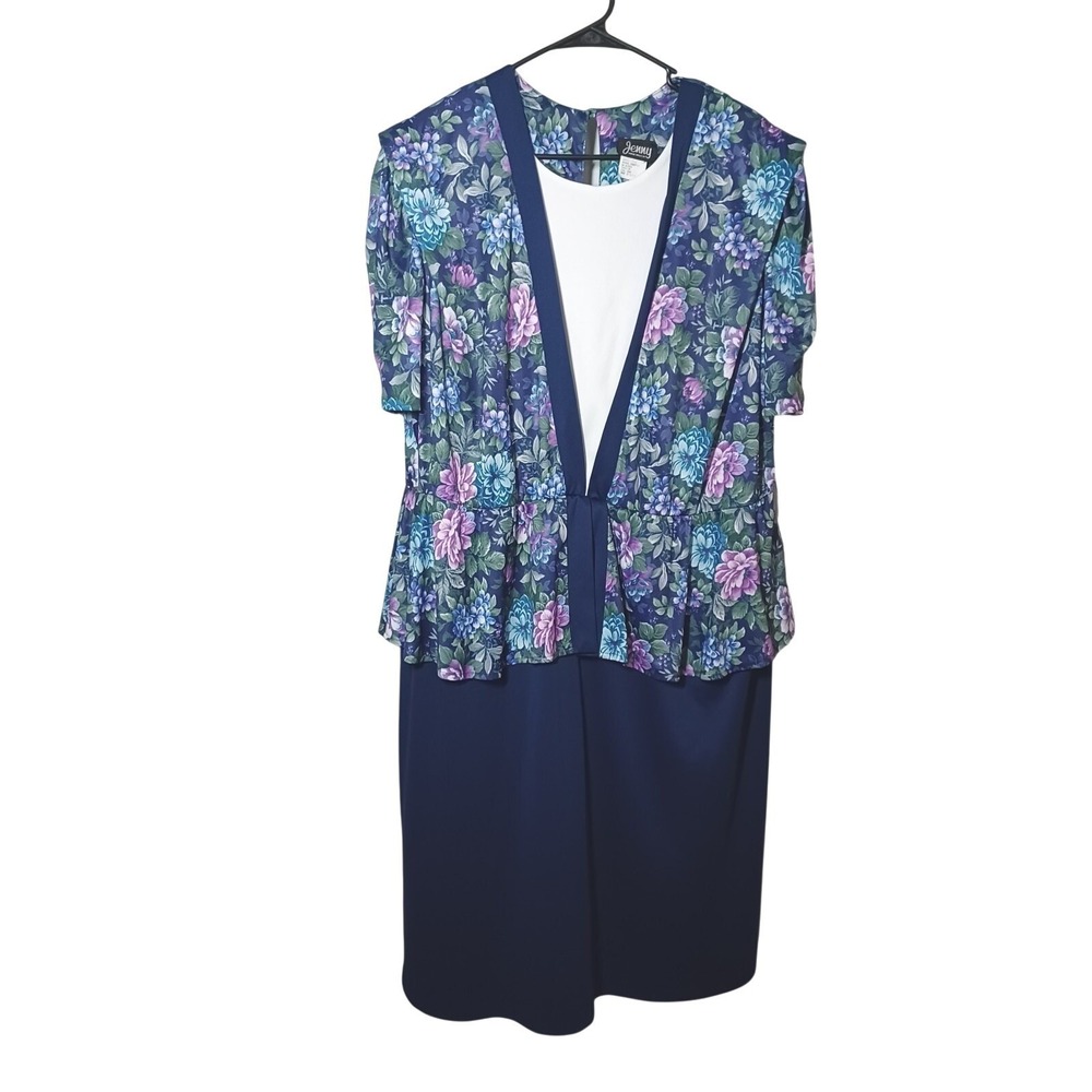 Jenny Vintage Floral Peplum Midi Dress Navy Blue Plus Size 24W Made in USA
